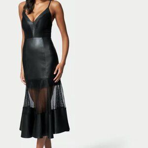 BEBE MESH AND VEGAN LEATHER FLARE DRESS